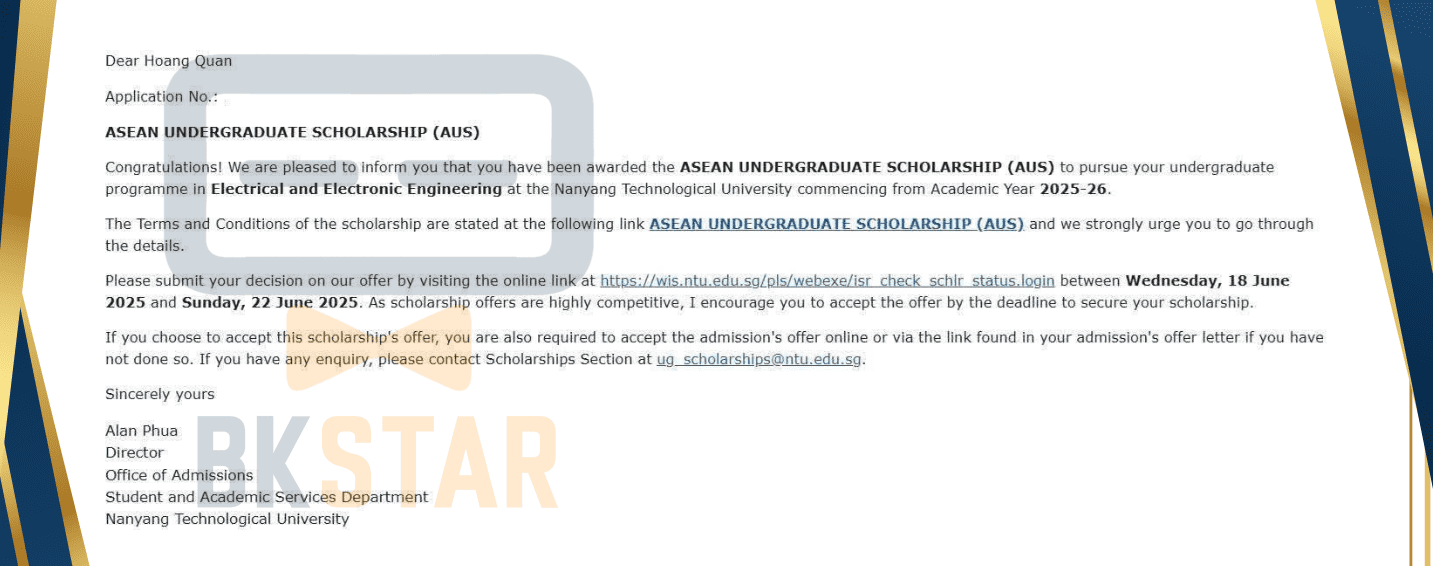 Từ hồ sơ không giải Quốc gia đến học bổng ASEAN danh giá – Hành trình chinh phục Đại học NTU của Hoàng Quân cùng BKSTAR